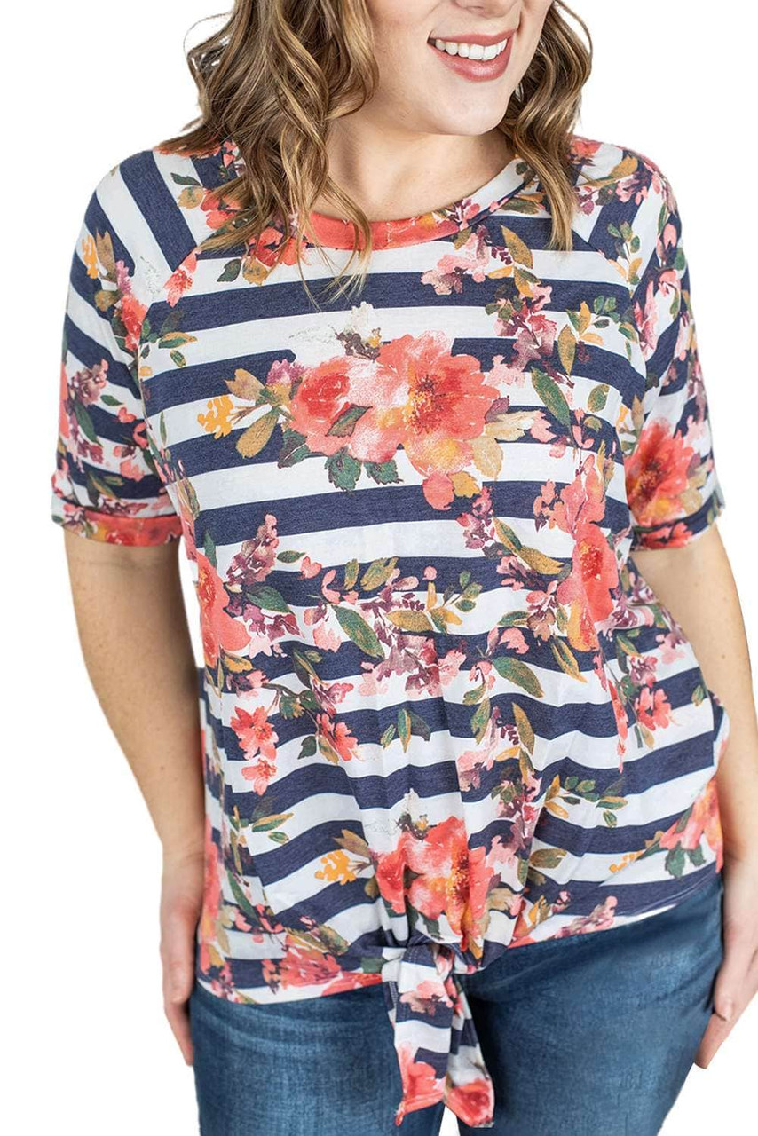 Striped Floral Print Crewneck Short Sleeve Plus Size T Shirt