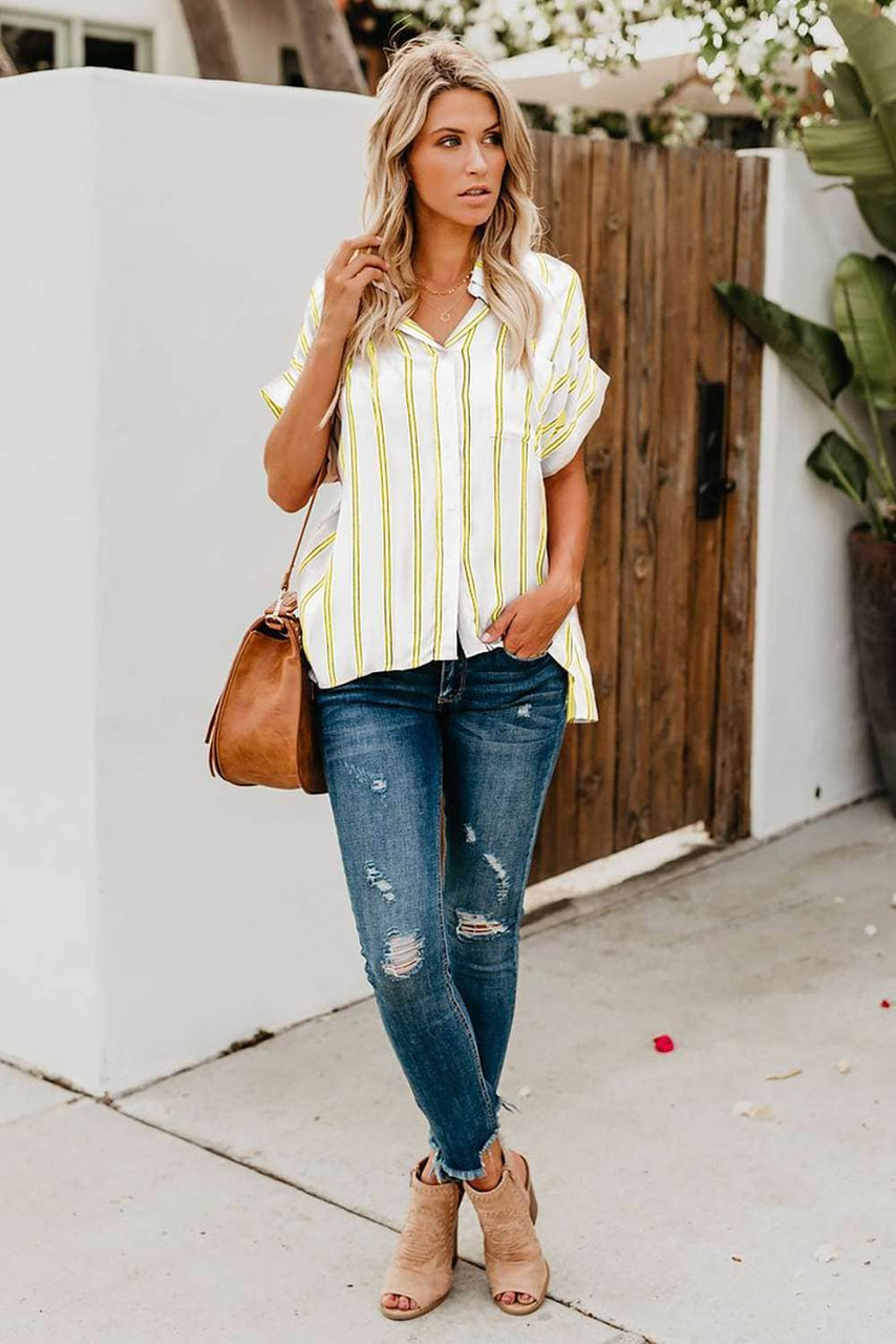 Yellow Striped Short Sleeve Buttoned Pocket Shirt