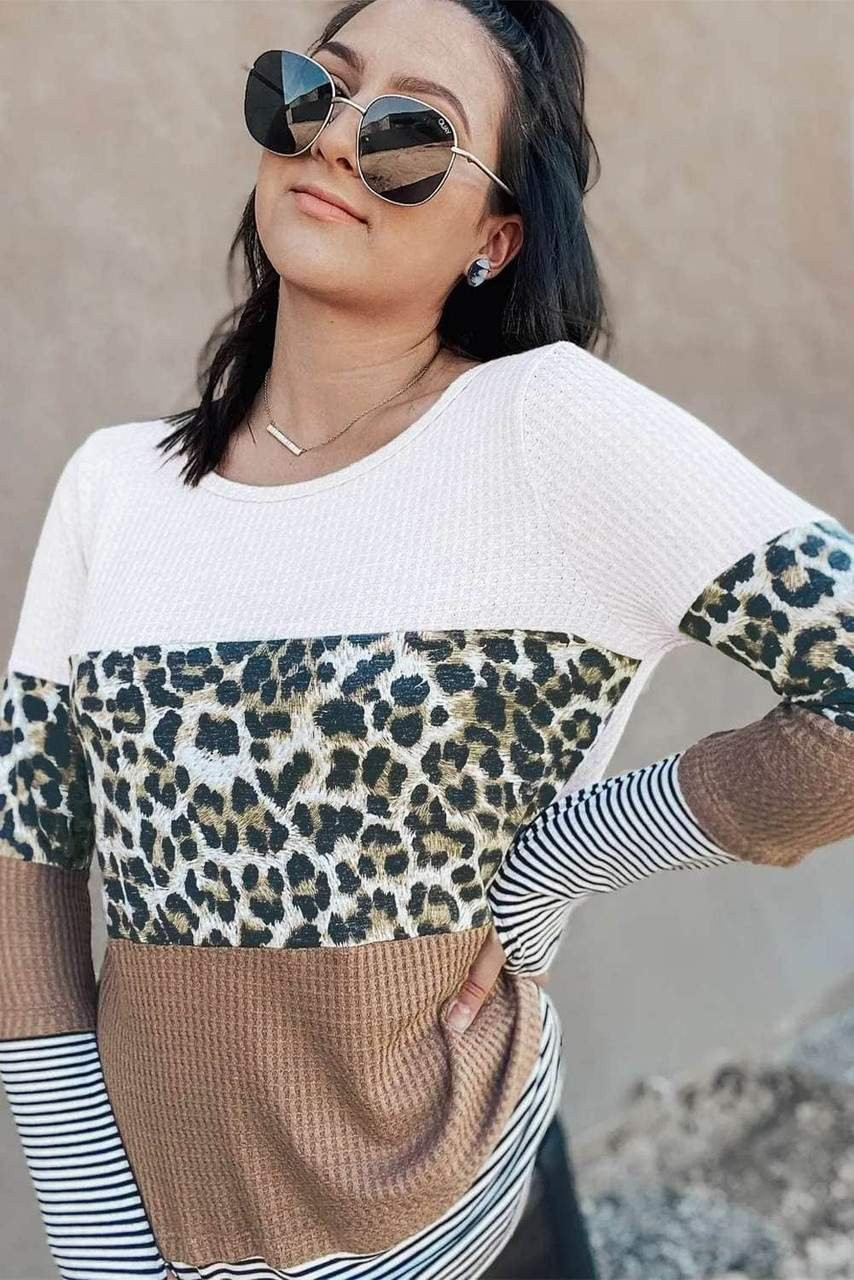 Brown Stripes Leopard Splicing Colorblock Long Sleeve Top