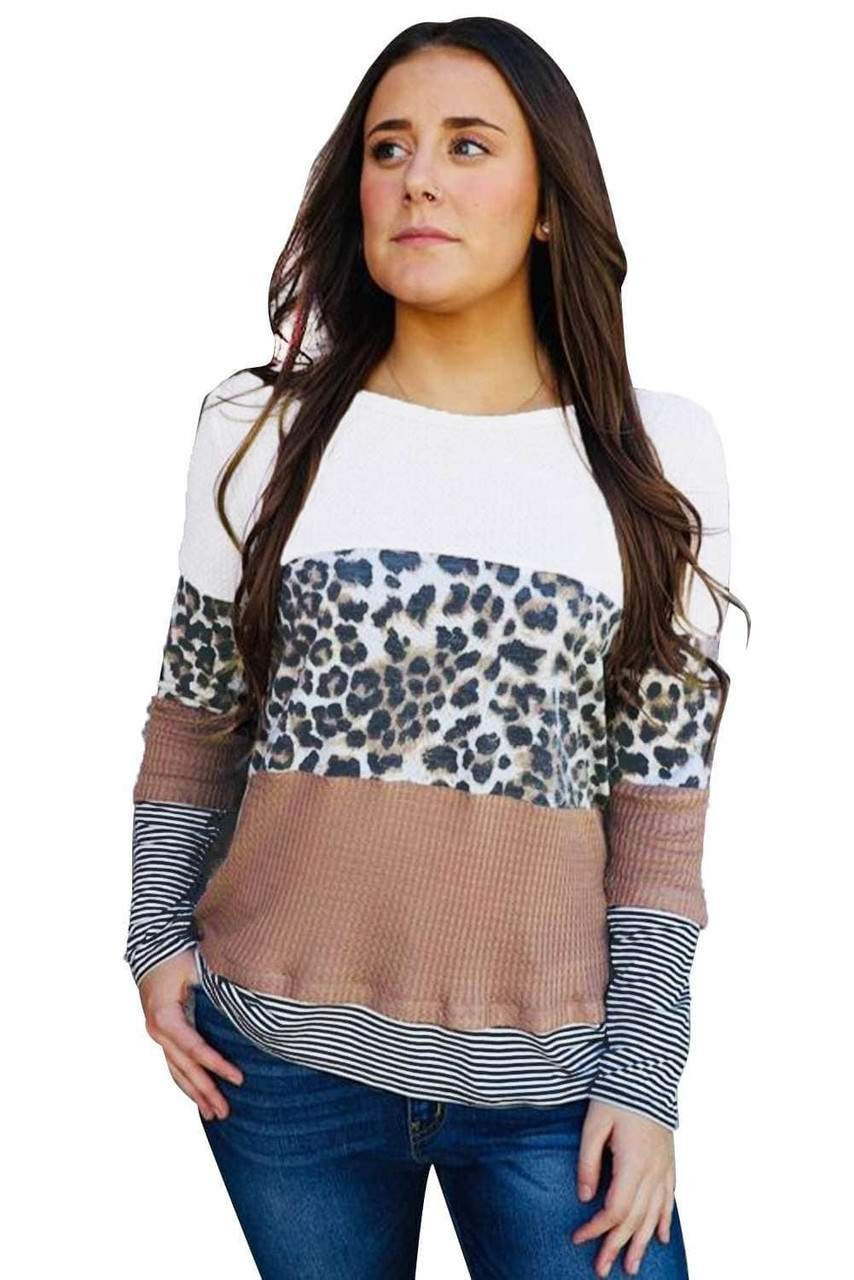 Brown Stripes Leopard Splicing Colorblock Long Sleeve Top