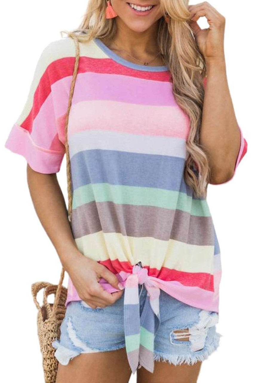 Multicolor Striped Short Sleeve Top with Knot