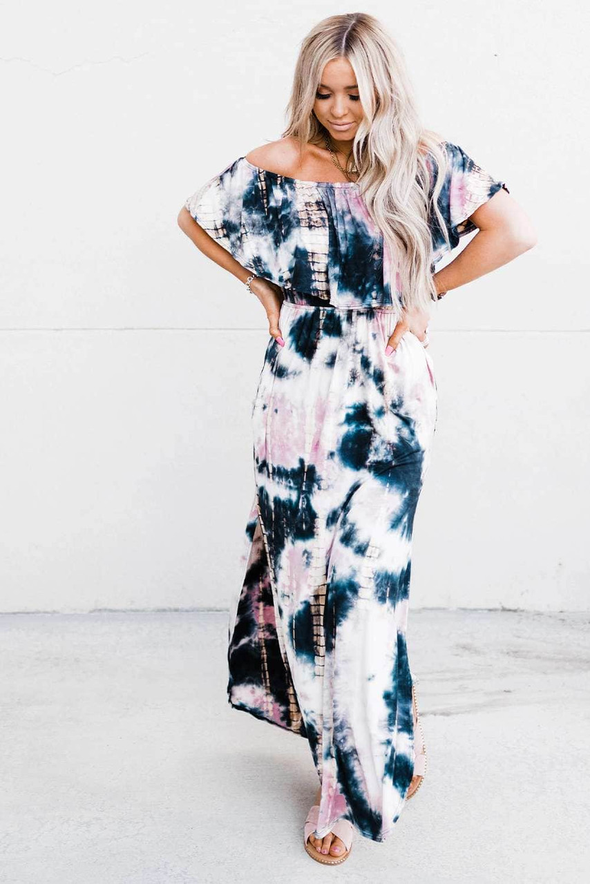 Ruffle Off Shoulder Neckline Tie-dye Maxi Dress with Slits Ruffle Off Shoulder Neckline Tie-dye Maxi Dress with Slits