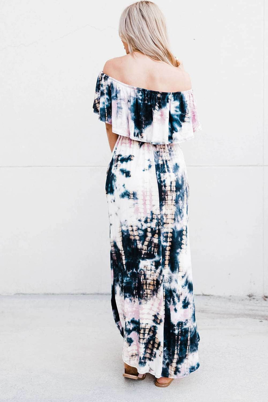 Ruffle Off Shoulder Neckline Tie-dye Maxi Dress with Slits Ruffle Off Shoulder Neckline Tie-dye Maxi Dress with Slits