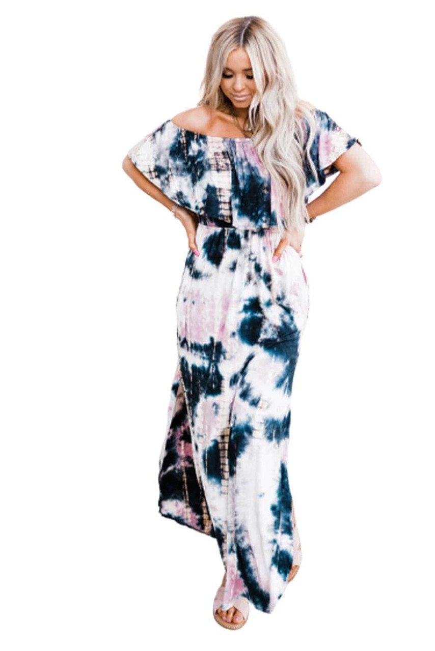 Ruffle Off Shoulder Neckline Tie-dye Maxi Dress with Slits Ruffle Off Shoulder Neckline Tie-dye Maxi Dress with Slits