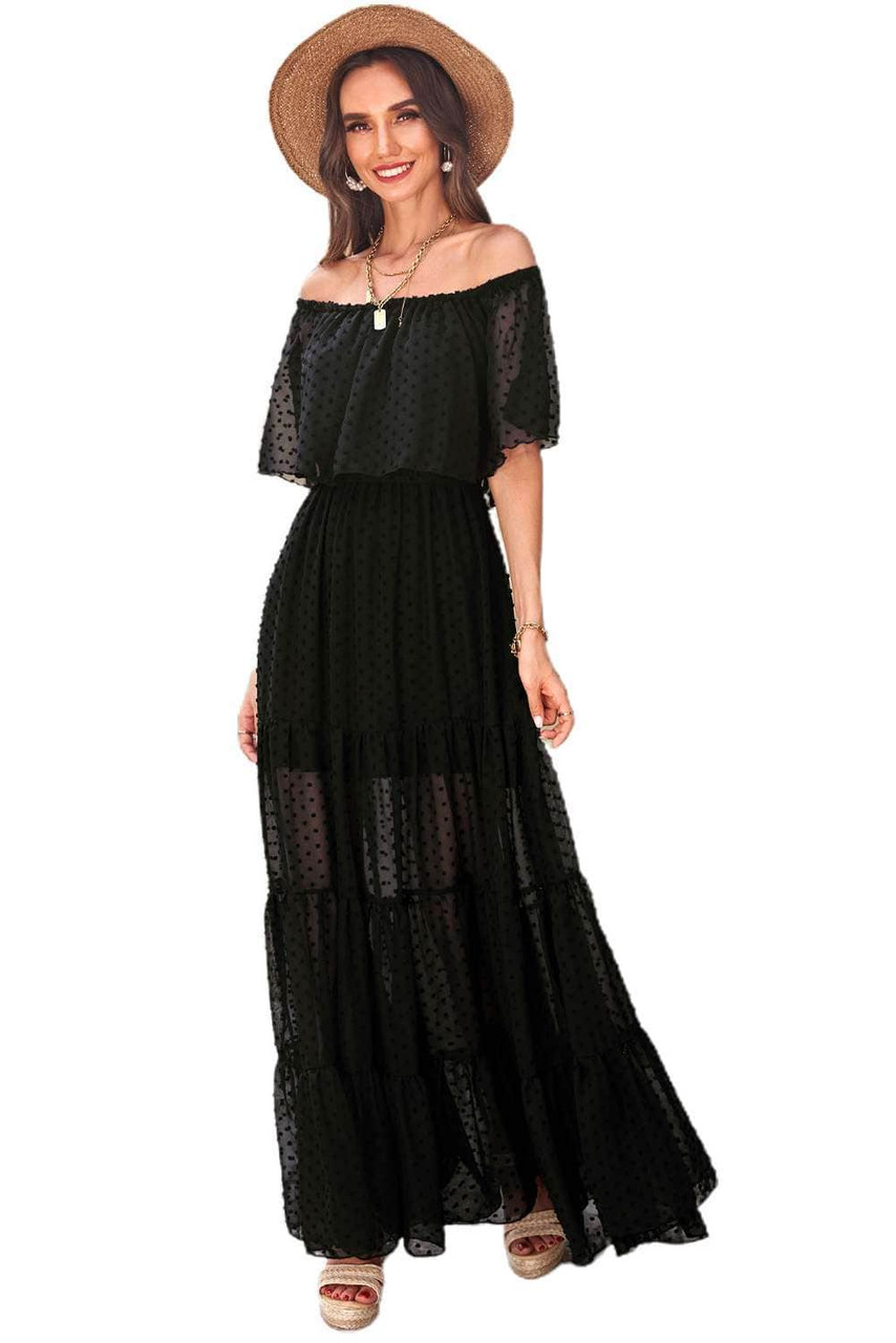 Black Off Shoulder Ruffle Swiss Dot Maxi Dress