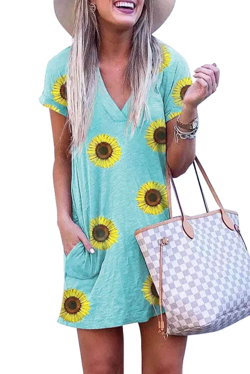 Short Sleeve V Neck Sunflower Print Mini Dress with Pocket