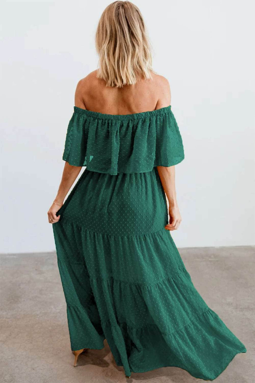 Green Off Shoulder Ruffle Swiss Dot Maxi Dress