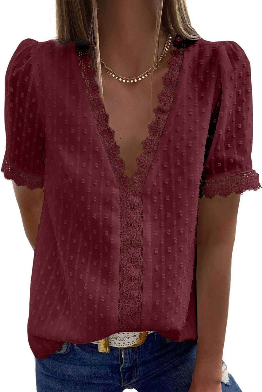 Wine Red Lace Splicing V-Neck Swiss Dot Short Sleeve Top