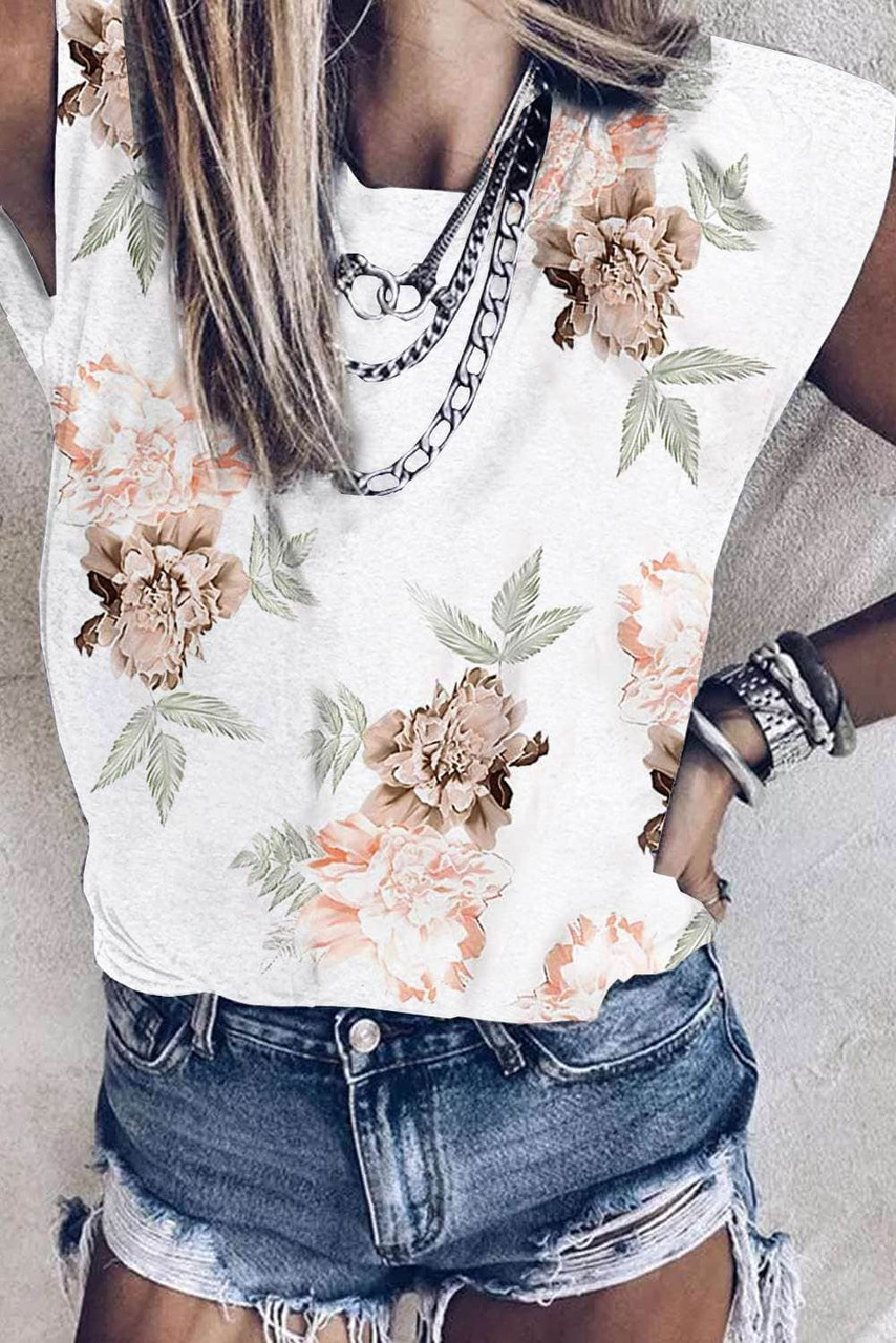 White Floral Crew Neck Tank