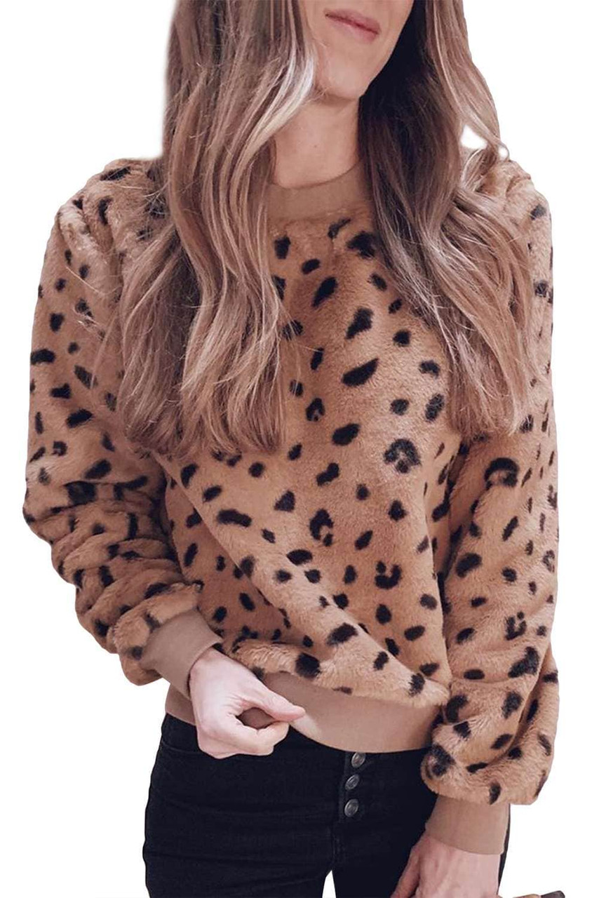 Brown Crewneck Leopard Print Fleece Sweatshirt