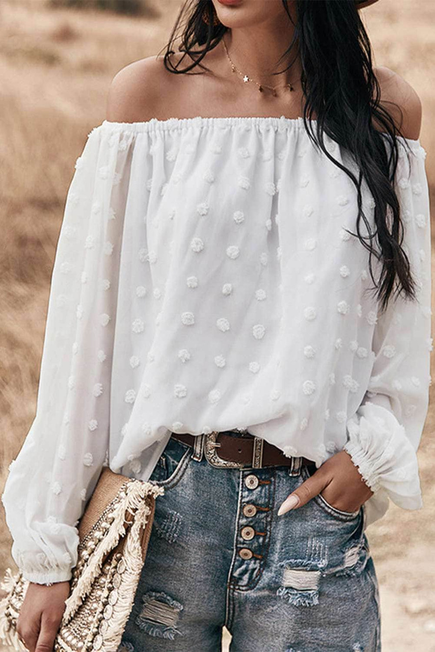 White Off Shoulder Swiss Dot Blouse