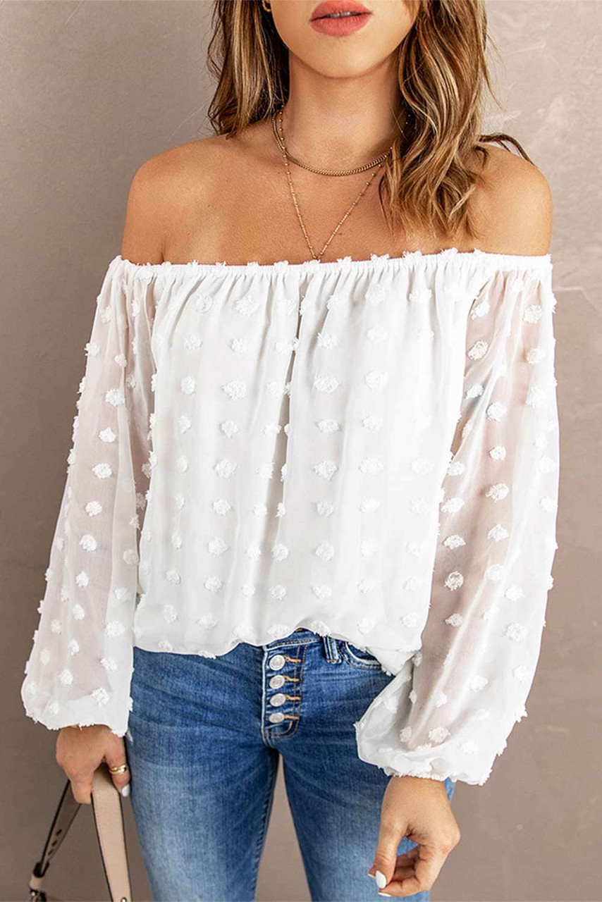 White Off Shoulder Swiss Dot Blouse