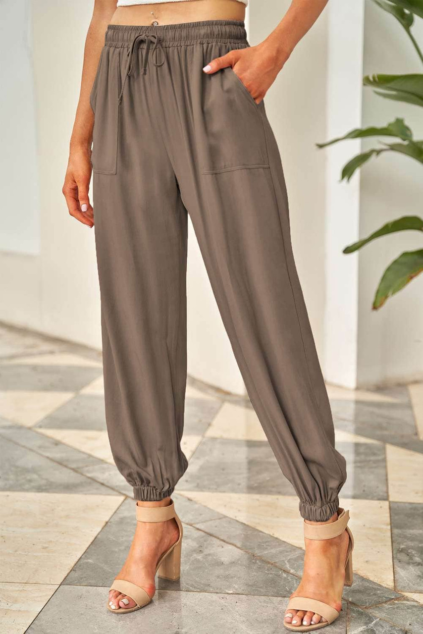 Brown Drawstring Elastic Waist Pull-on Casual Pants with Pockets