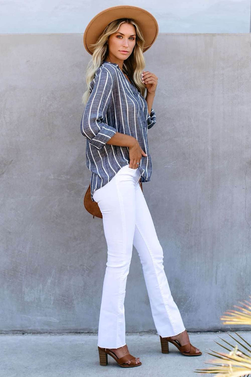 Blue Striped V Neck Pocket Long Sleeve Top