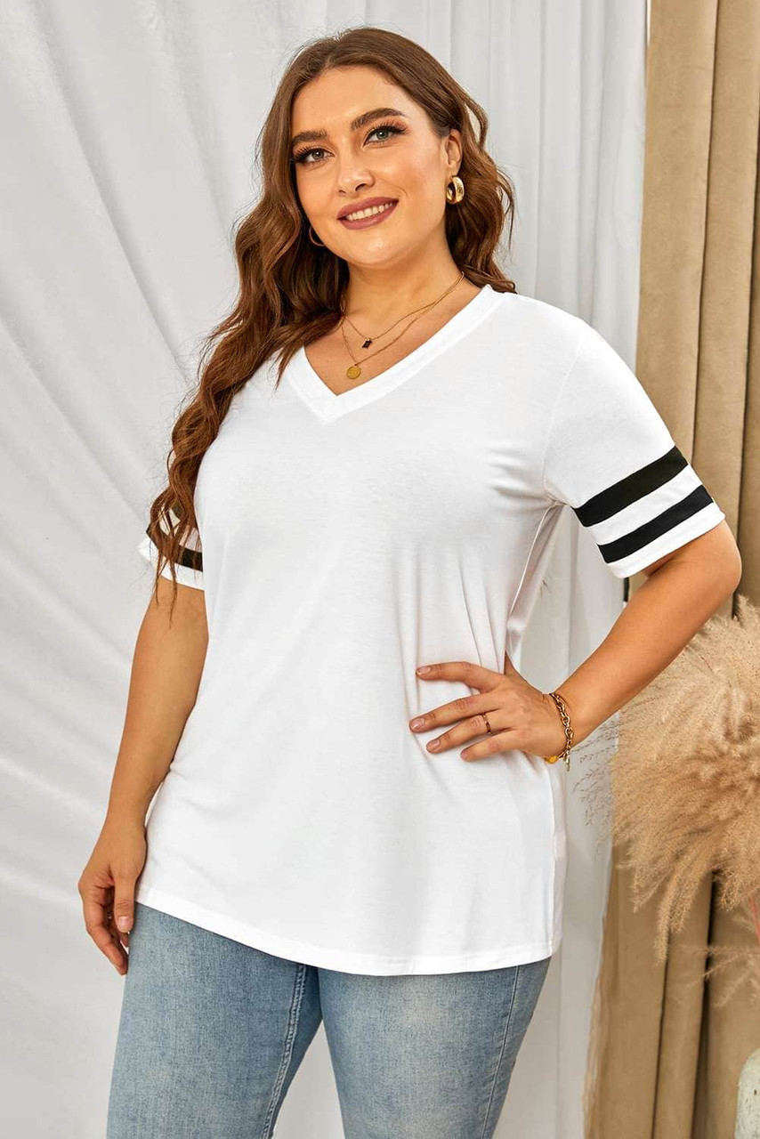 White Plus Size Stripes Stitching Sleeve V Neck T-shirt White Plus Size Stripes Stitching Sleeve V Neck T-shirt