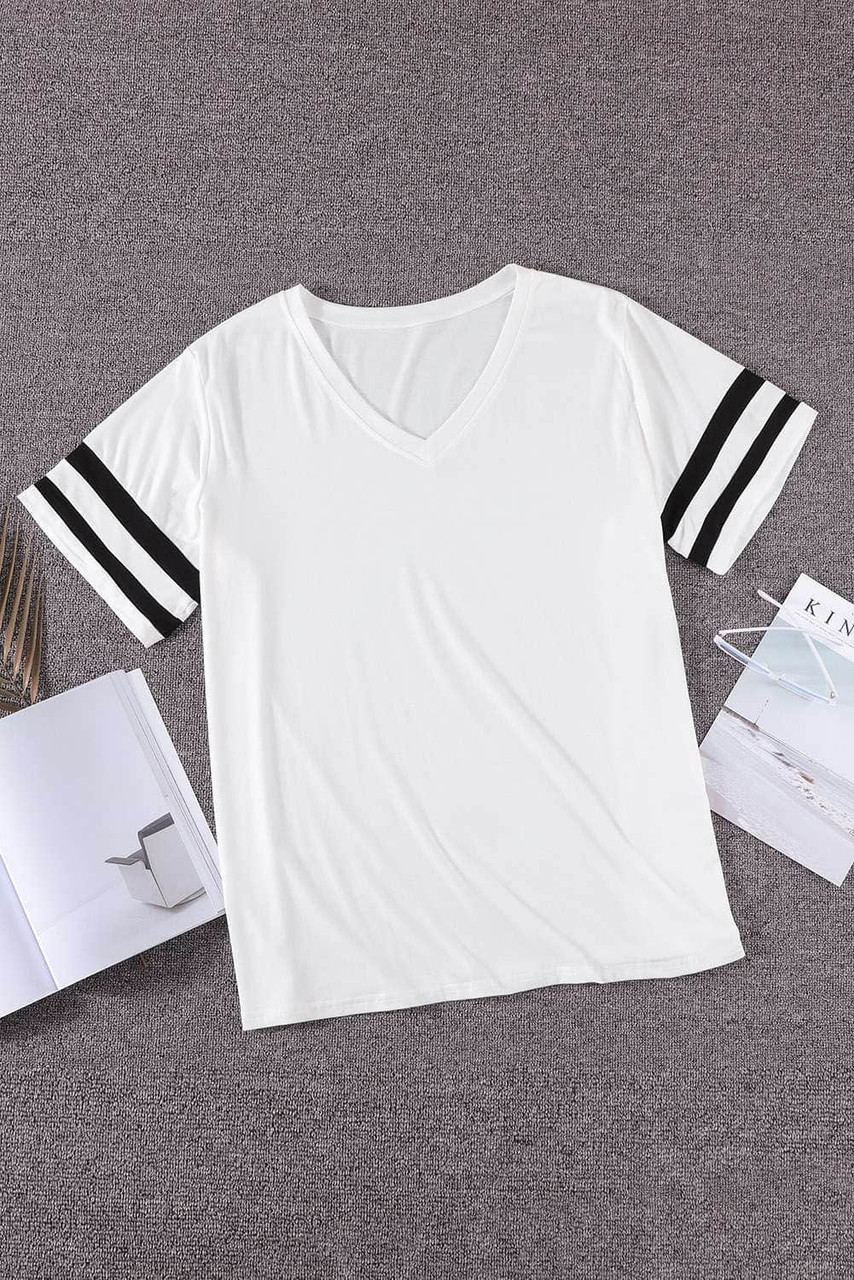 White Plus Size Stripes Stitching Sleeve V Neck T-shirt White Plus Size Stripes Stitching Sleeve V Neck T-shirt
