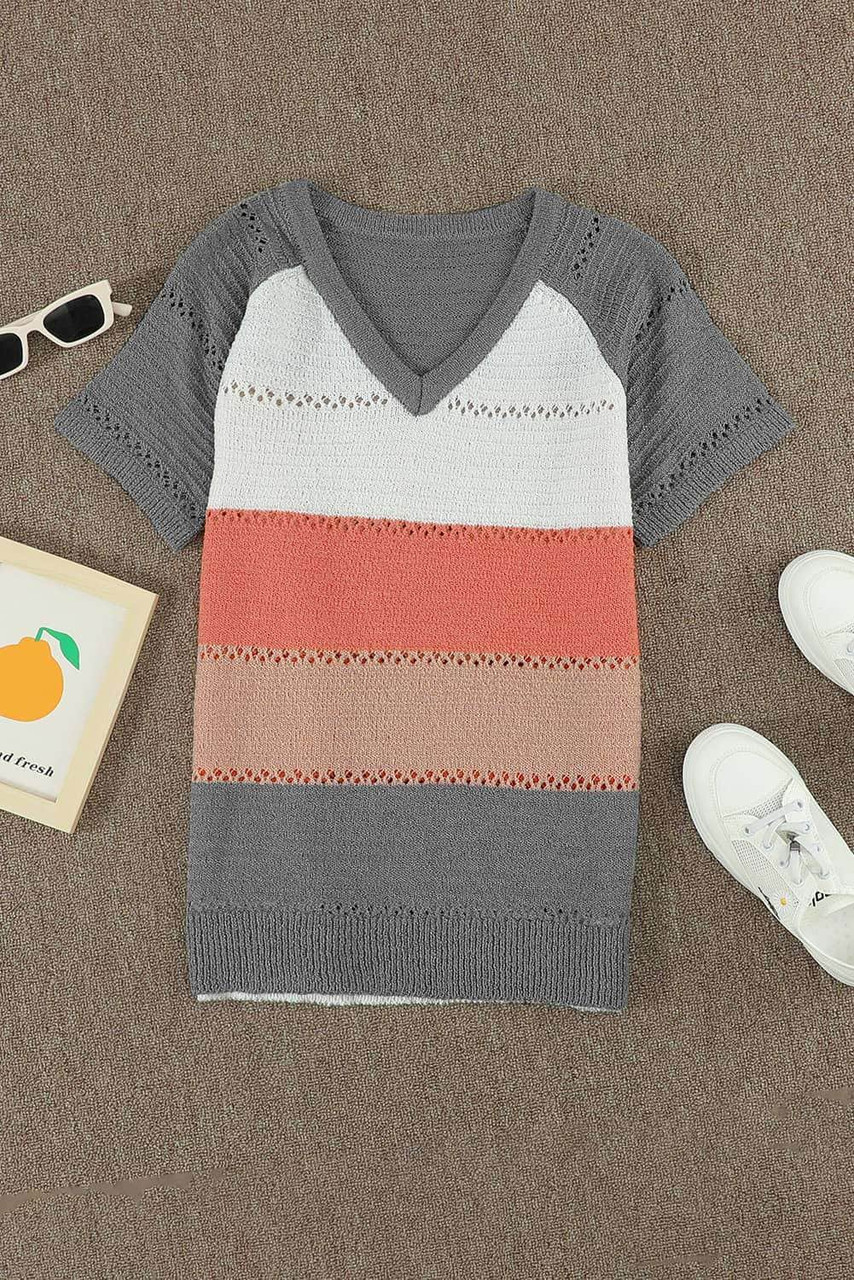 Gray Stripe Print Knitted V Neck Top