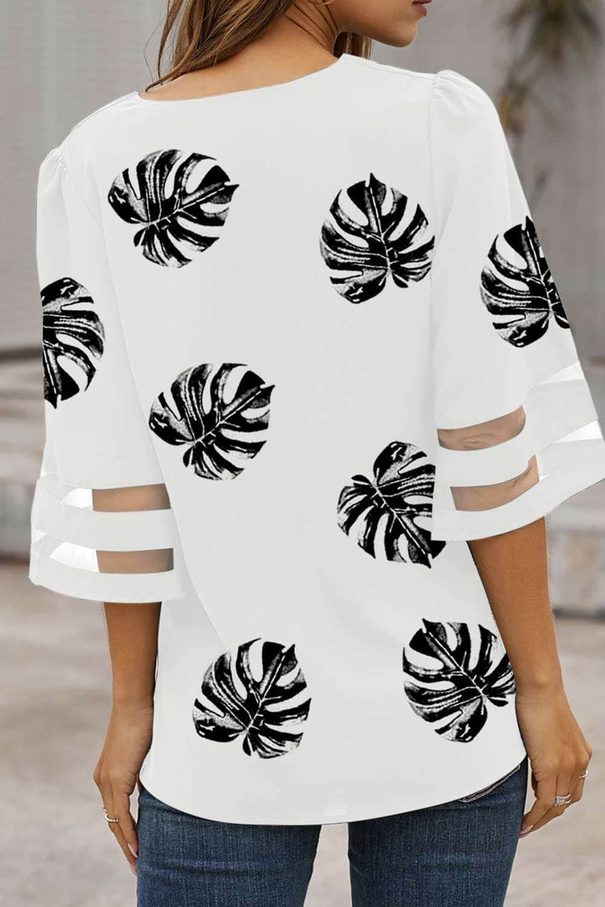 White V Neck Mesh Splicing Sleeve Palm Leaf Print Top