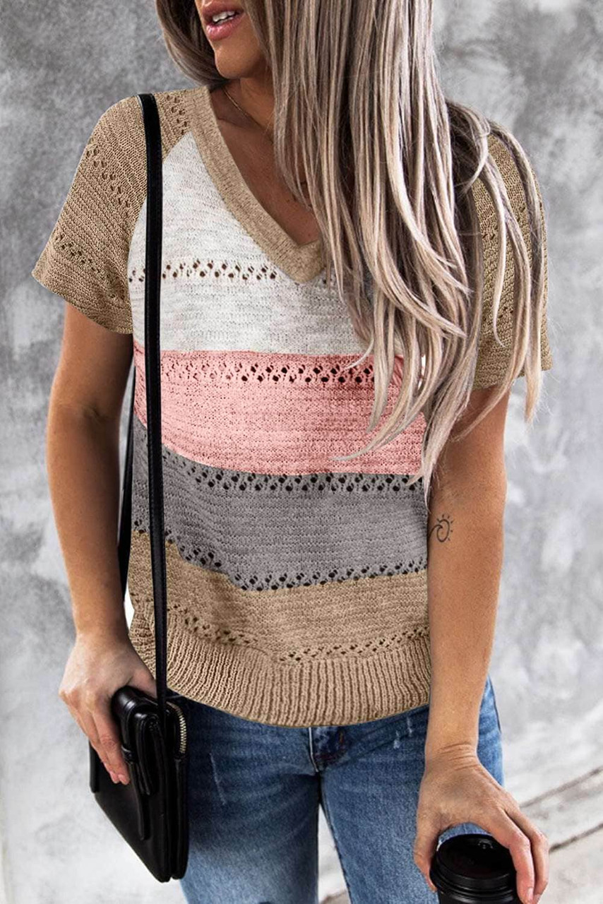 Multicolor Stripe Print Knitted V Neck Top