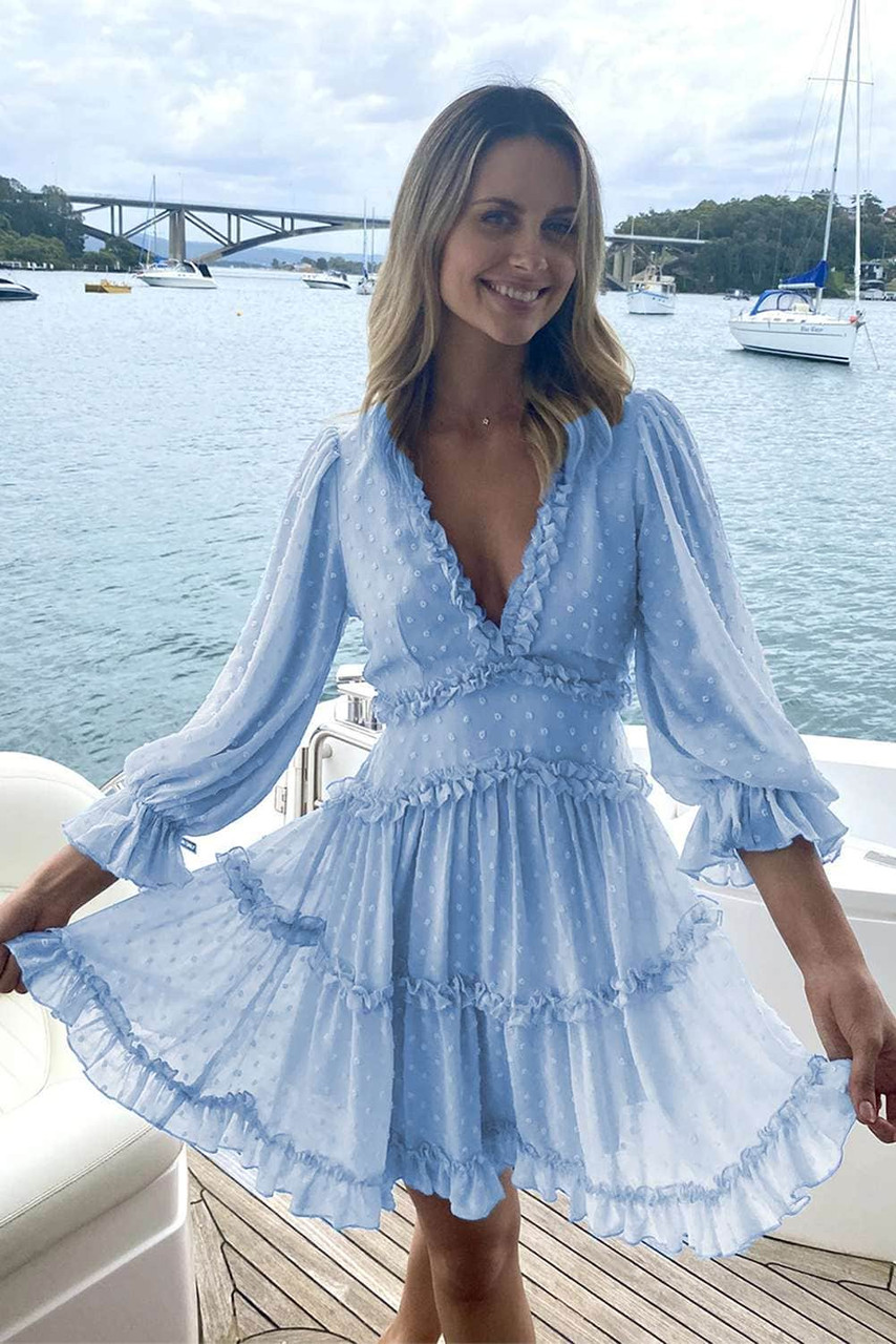 Sky Blue Layered Ruffled Open Back Puff Sleeve Swiss Dot Mini Dress Sky Blue Layered Ruffled Open Back Puff Sleeve Swiss Dot Mini Dress