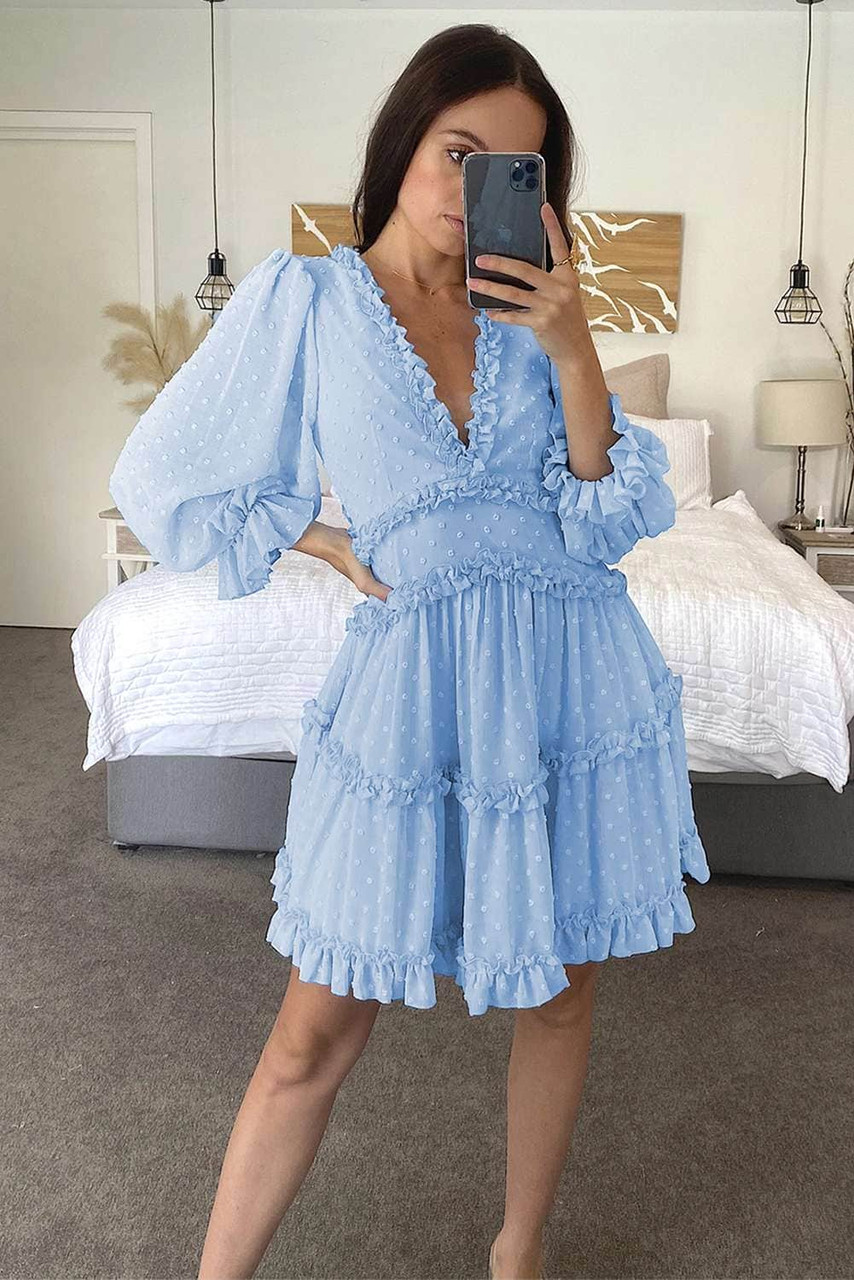 Sky Blue Layered Ruffled Open Back Puff Sleeve Swiss Dot Mini Dress Sky Blue Layered Ruffled Open Back Puff Sleeve Swiss Dot Mini Dress