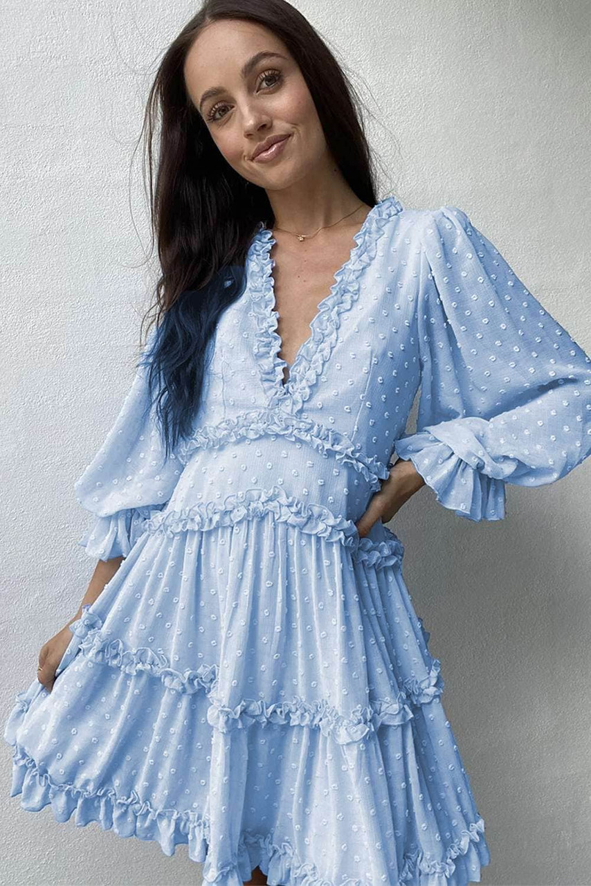 Sky Blue Layered Ruffled Open Back Puff Sleeve Swiss Dot Mini Dress