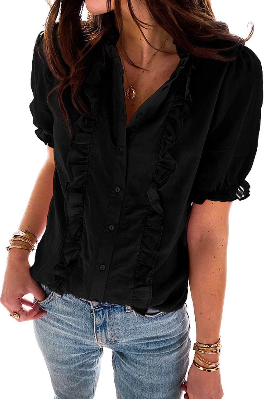 Black Ruffled Button Shirt