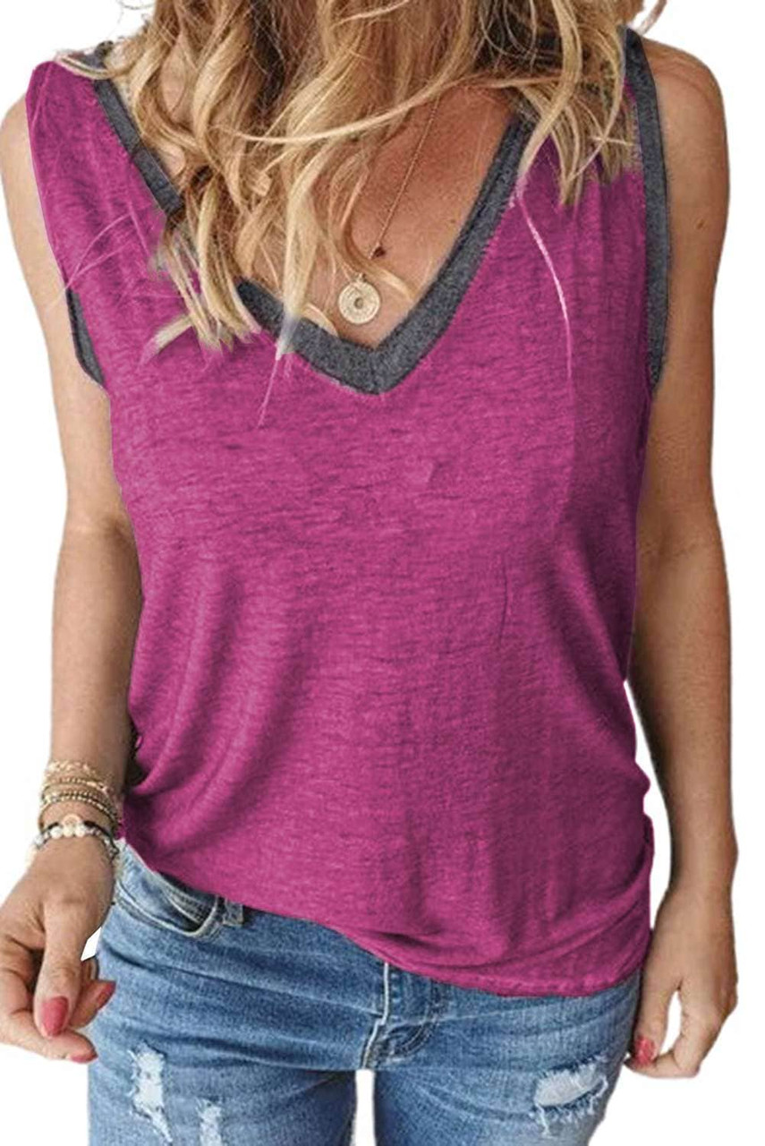 Rose Solid Color Contrast V Neckline Tank Top