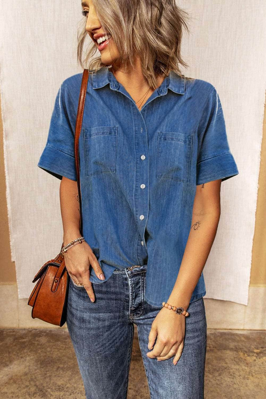 Blue Turn-down Collar Short Sleeve Denim Shirt