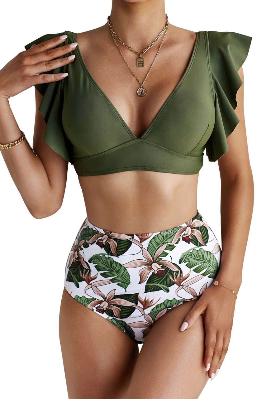 Green Floral Ruffled Hem High Waist Bikini Set