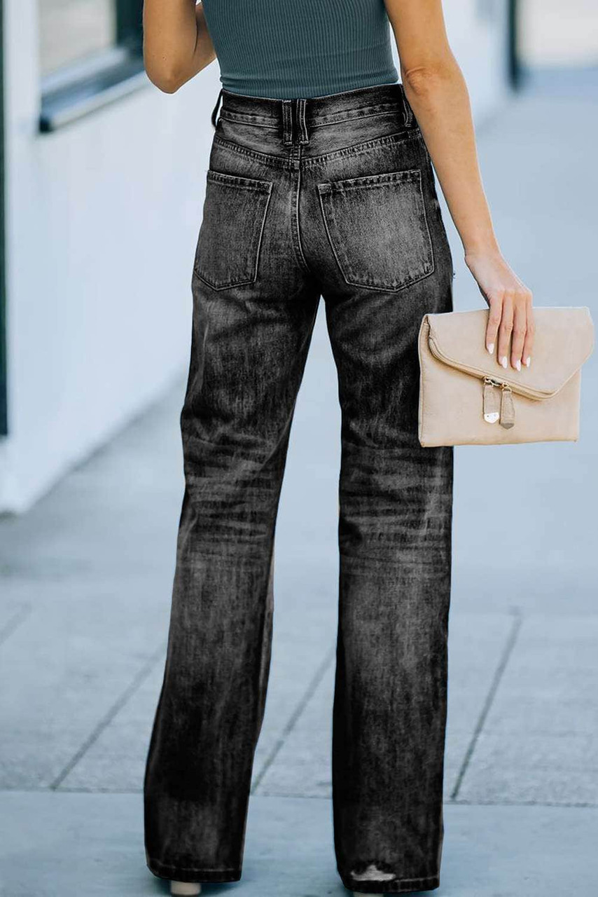 Black High Rise Washed Distressed Flare Jeans