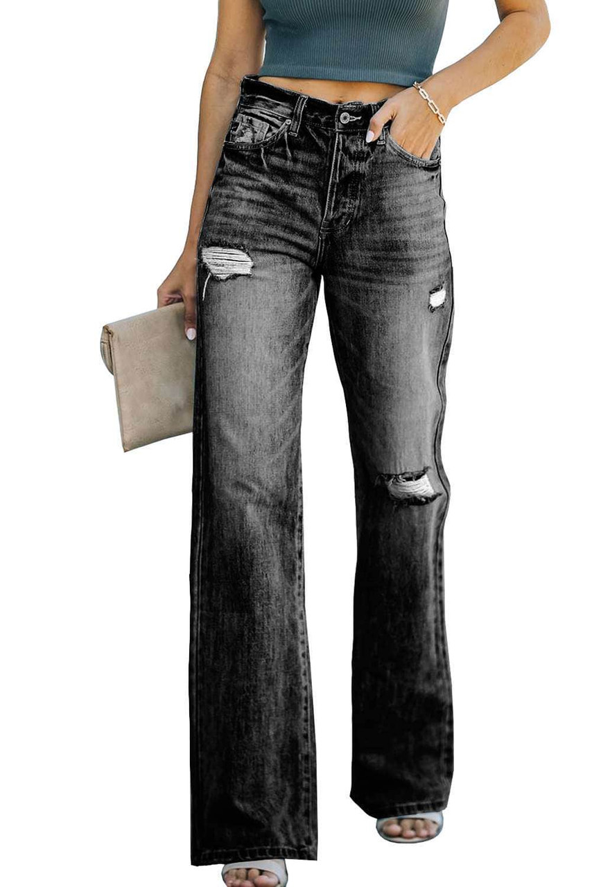 Black High Rise Washed Distressed Flare Jeans