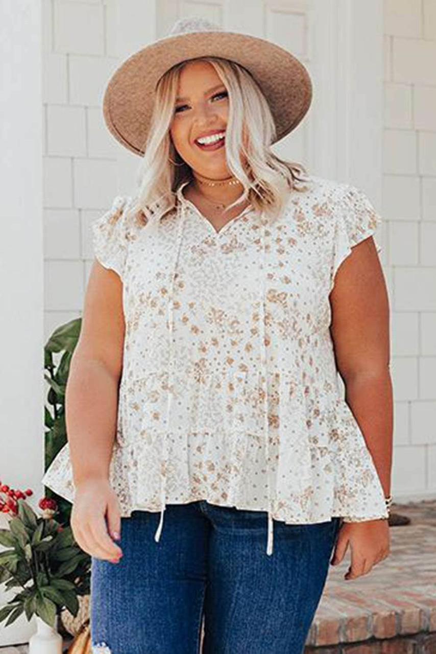 Ruffled Floral Print Plus Size Top