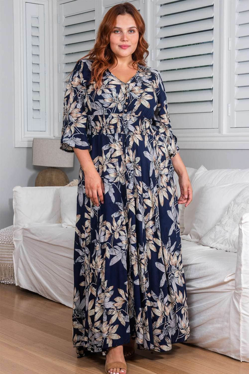 Navy Floral Print Plus Size Maxi Dress