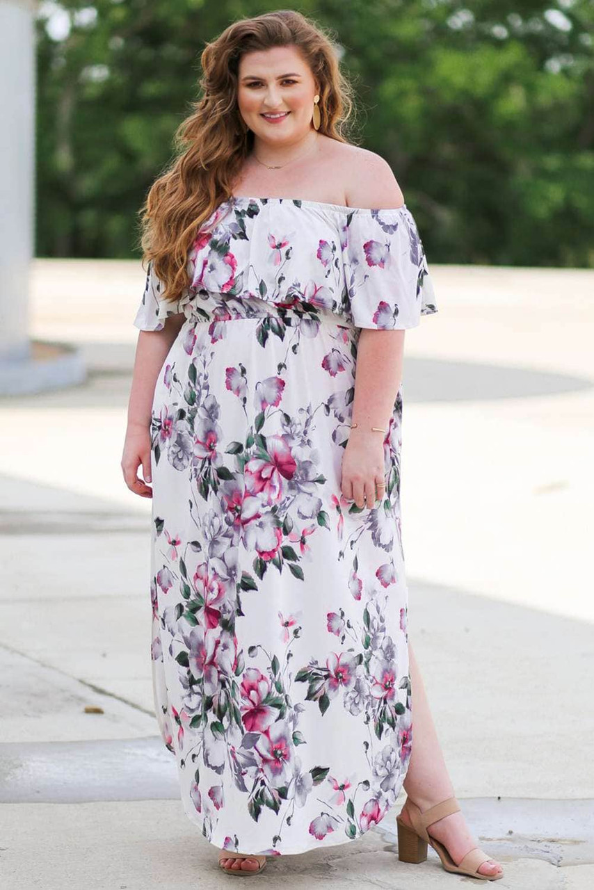 Off The Shoulder Floral Plus Size Maxi Dress