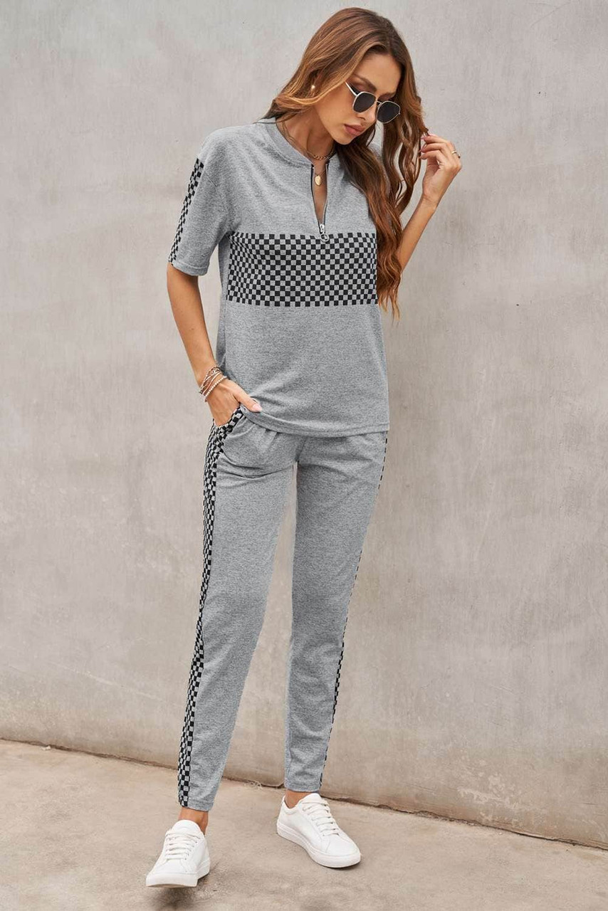 Gray Plaid Splicing Short Sleeve Top and Elastic Waist Pants Set