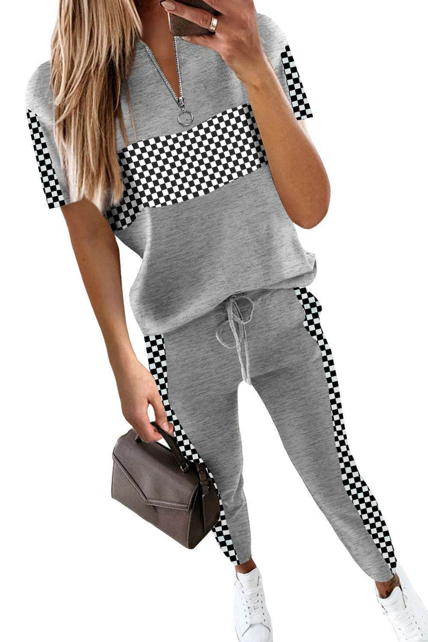 Gray Plaid Splicing Short Sleeve Top and Elastic Waist Pants Set