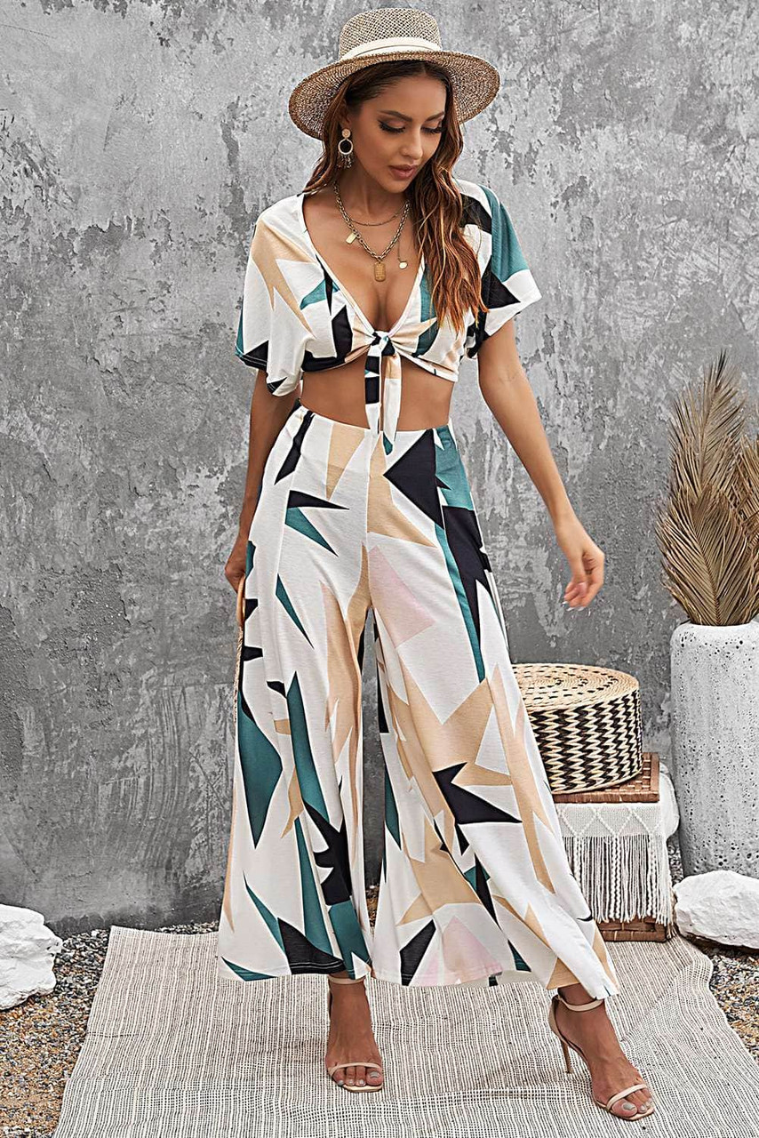 Tropical Print Crop Top and Flare Wide Leg Pants Set