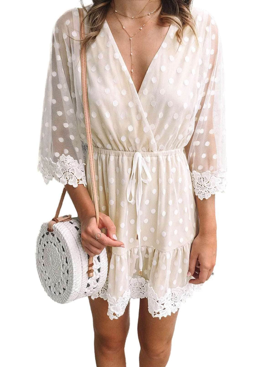 White Wrap V Neck Elastic Waist Polka Dot Mesh Lace Splicing Dress