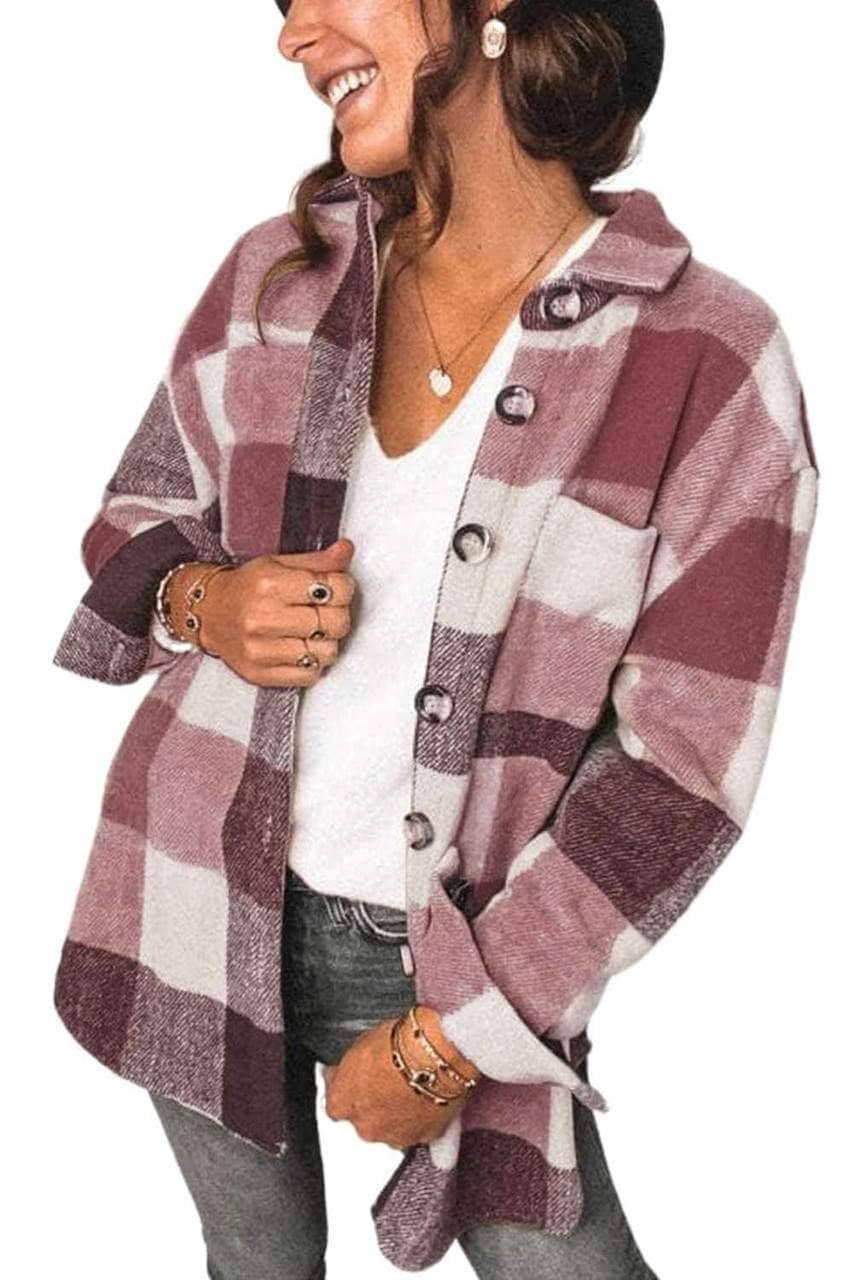 Plaid Color Block Buttoned Long Sleeve Jacket with Pocket Plaid Color Block Buttoned Long Sleeve Jacket with Pocket