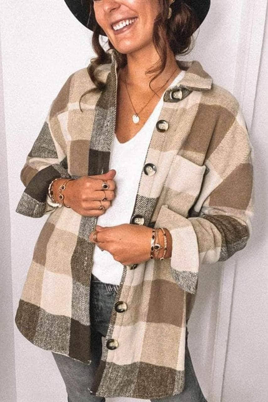 Khaki Plaid Color Block Buttoned Long Sleeve Jacket with Pocket Khaki Plaid Color Block Buttoned Long Sleeve Jacket with Pocket