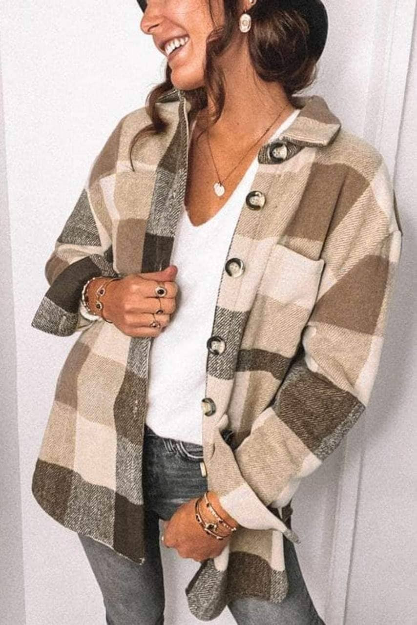 Khaki Plaid Color Block Buttoned Long Sleeve Jacket with Pocket Khaki Plaid Color Block Buttoned Long Sleeve Jacket with Pocket