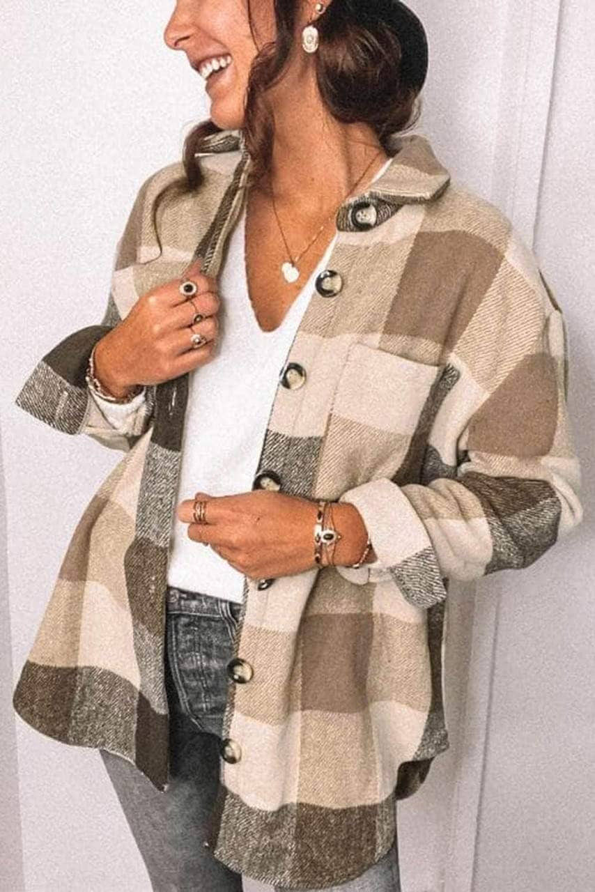 Khaki Plaid Color Block Buttoned Long Sleeve Jacket with Pocket Khaki Plaid Color Block Buttoned Long Sleeve Jacket with Pocket