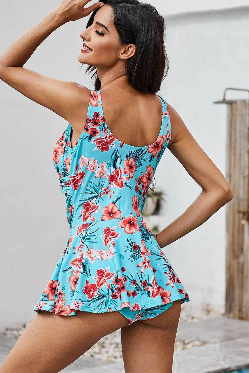 Floral Print Deep V Neck Swimdress with Panty