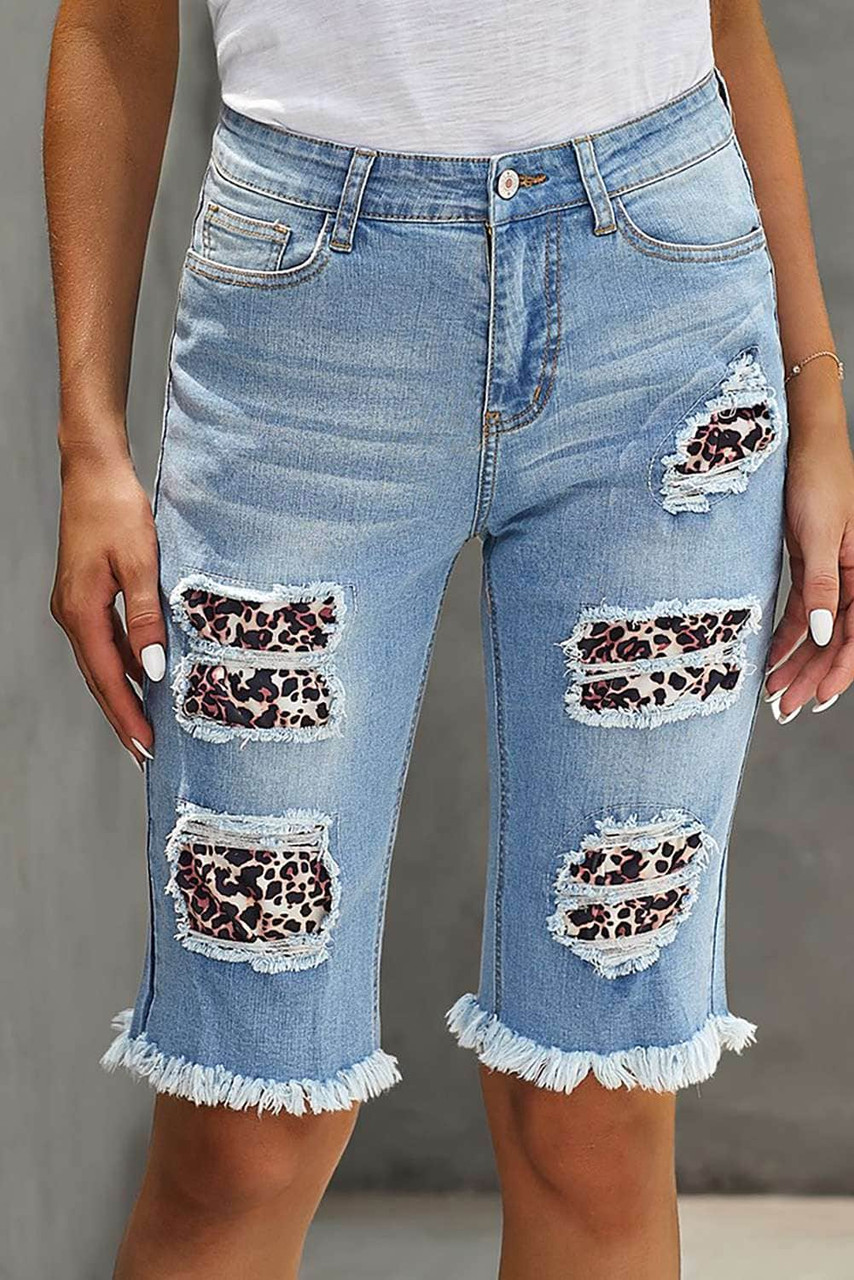 Mid-rise Ripped Leopard Patches Denim Bermuda Shorts