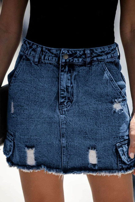 Blue High Waist Distressed Denim Mini Skirt with Pocket