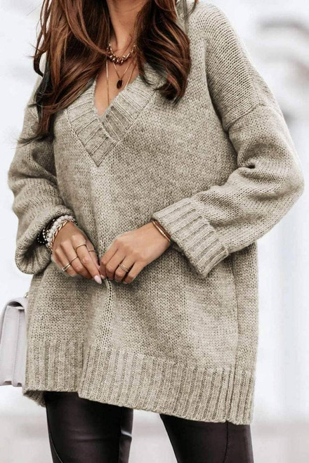 Gray V neck Drop Shoulder Knitted Sweater