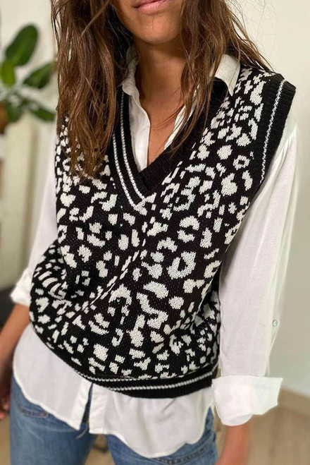 Black V Neck Leopard Knitted Vest