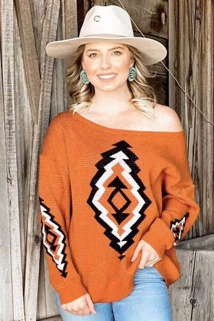 Orange Geometric Print Long Sleeve Knitted Sweater