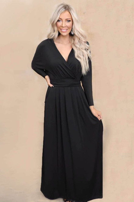 Black Wrap V Neck Dolman Sleeve Pleated Maxi Dress